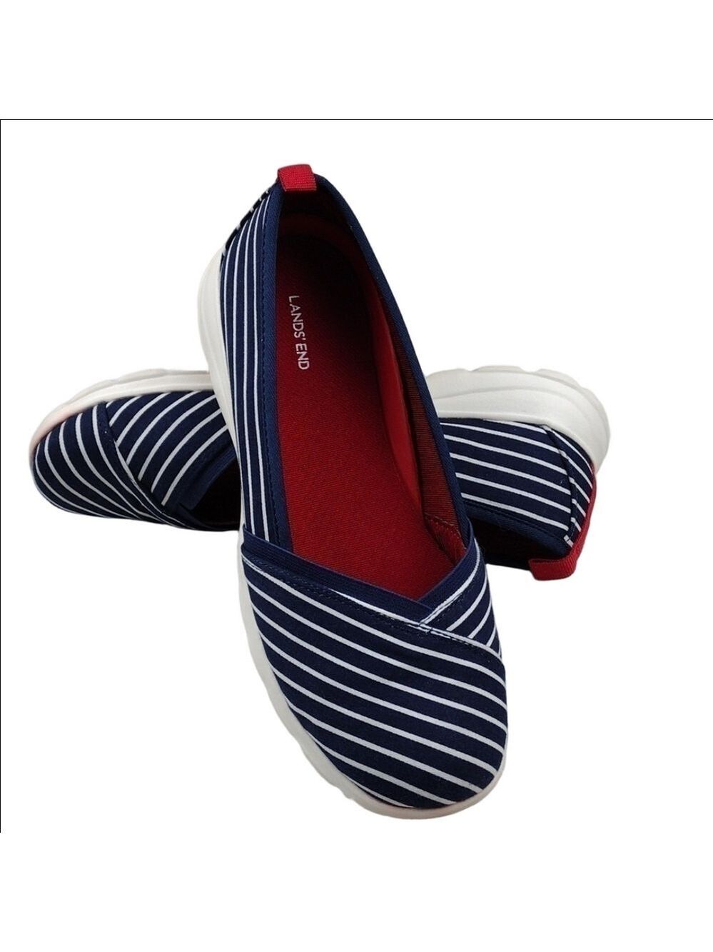 Lands' End Blue White Striped Fabric Round Toe Low Wedged-Heel Slip On Shoe